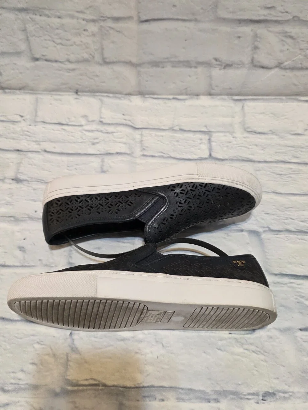 Tory Burch Navy Laser-Cut Slip-On Sneakers with White Sole